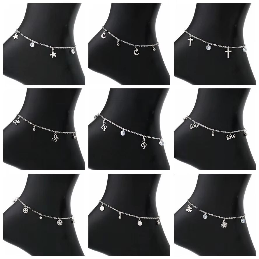 Allergy Free Stainless Steel Anklets for Women Star Love Heart Charm Ankle Bracelet on Leg Crystal Foot Chains Beach Accessories