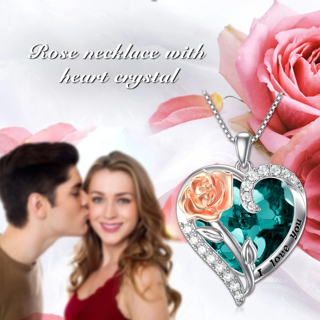 Sterling Silver Rose Flower Pendant Sapphire Necklace with Heart Crystal September Birthstone Pendant Jewelry