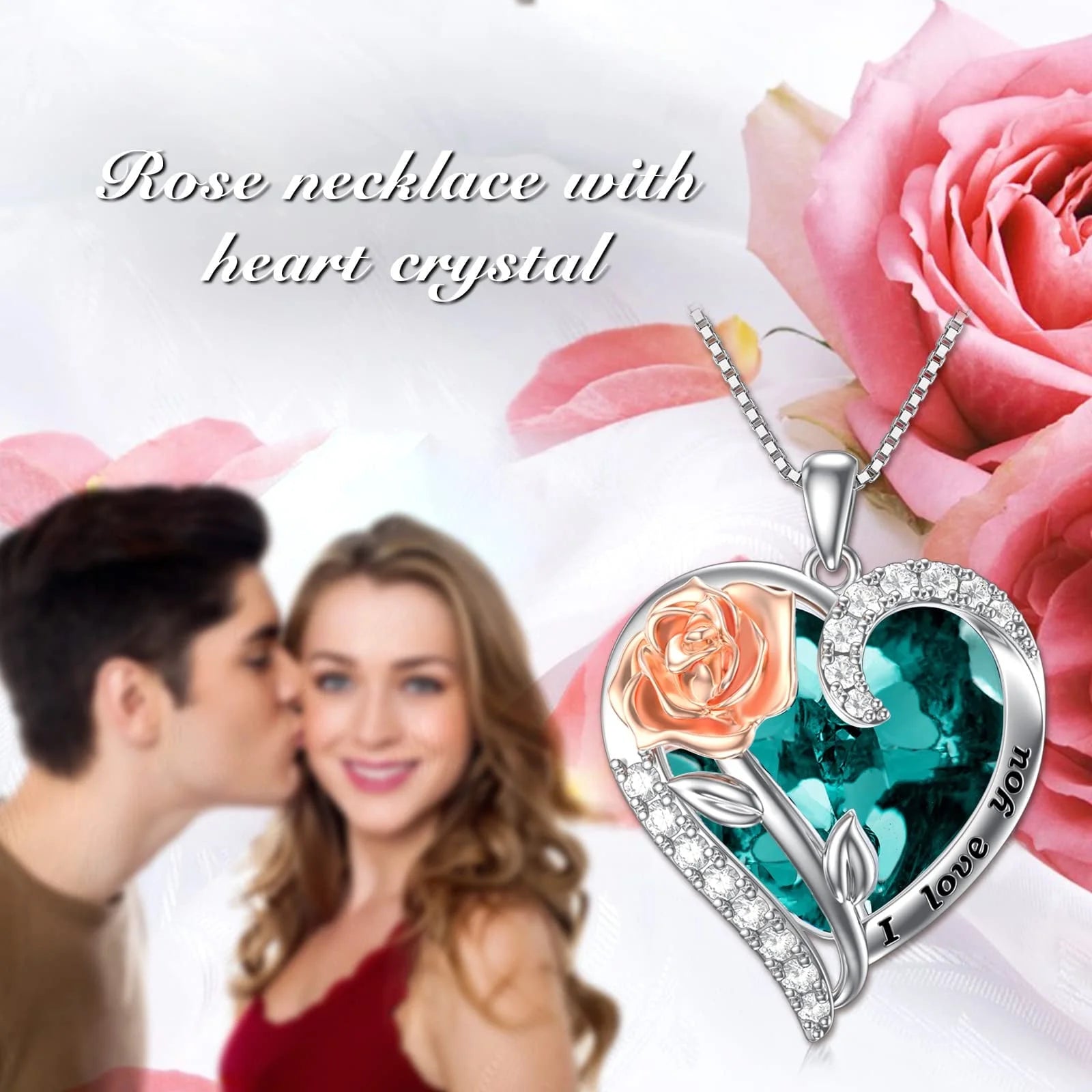 Sterling Silver Rose Flower Pendant Sapphire Necklace with Heart Crystal September Birthstone Pendant Jewelry