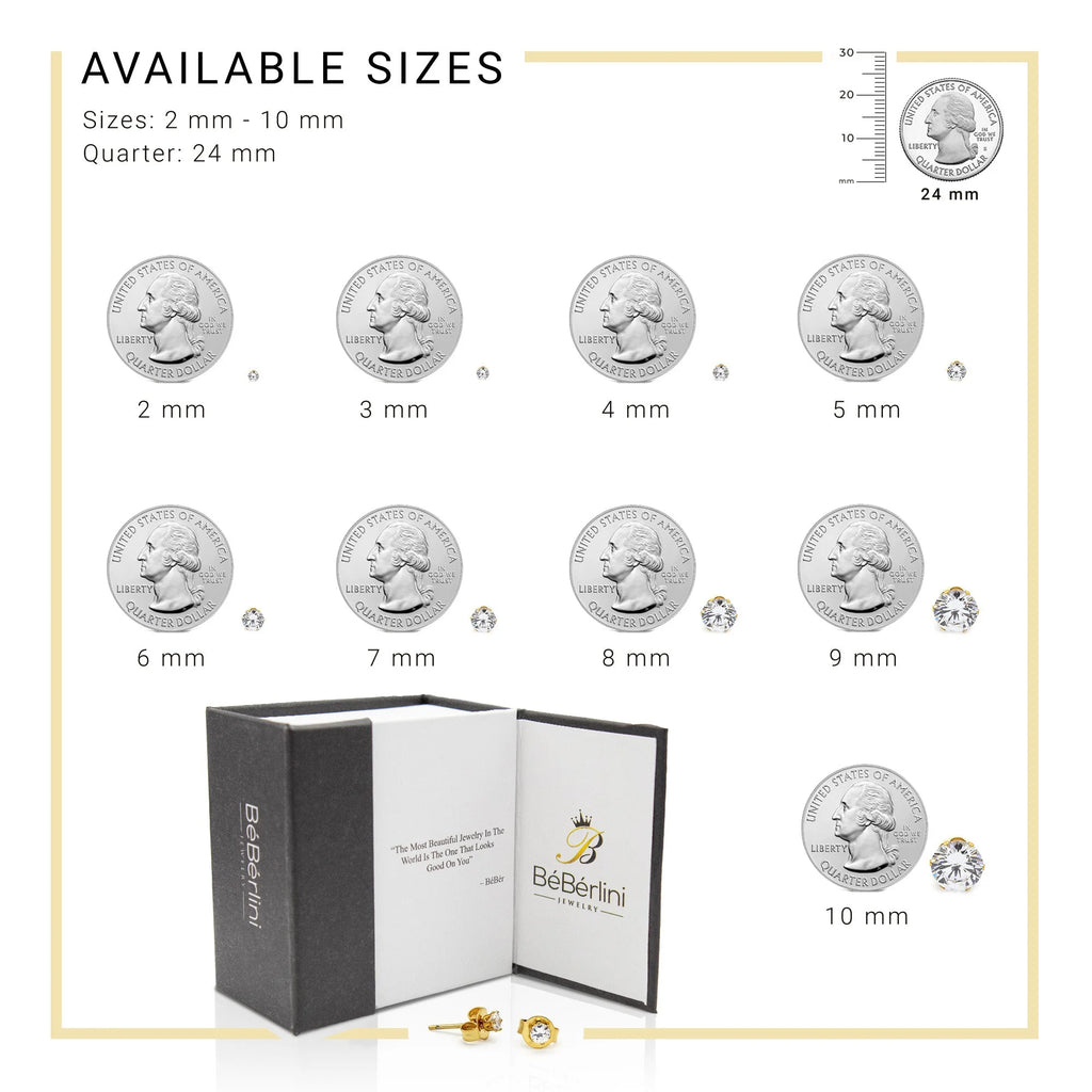 Women Stud Earrings CZ 14K Gold Plated Stainless Steel Jewelry round 4 Mm