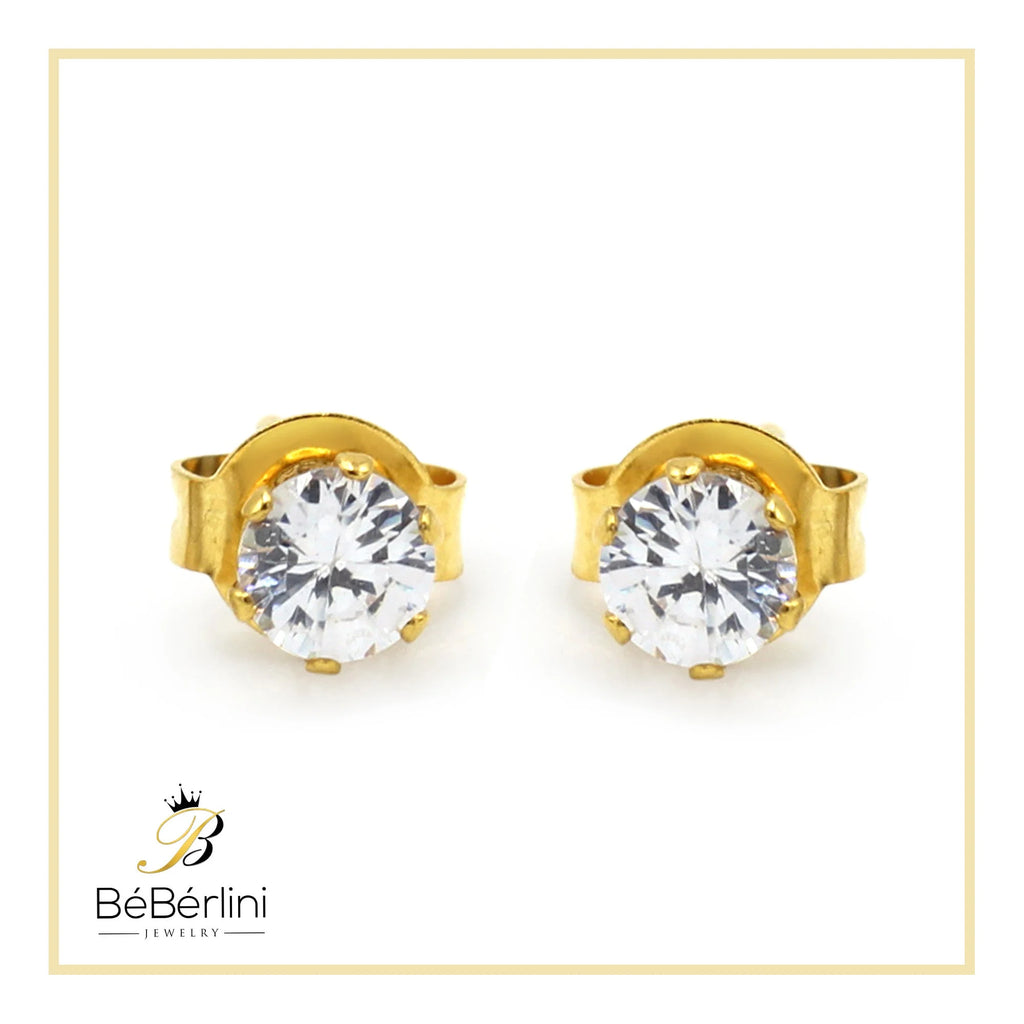 Women Stud Earrings CZ 14K Gold Plated Stainless Steel Jewelry round 4 Mm