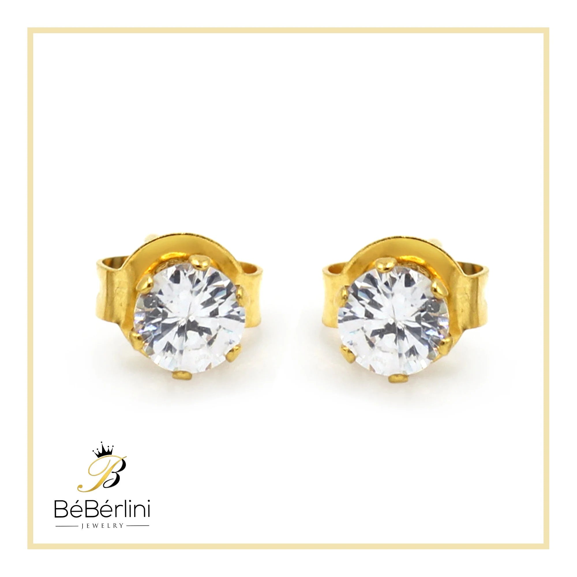 Women Stud Earrings CZ 14K Gold Plated Stainless Steel Jewelry round 4 Mm