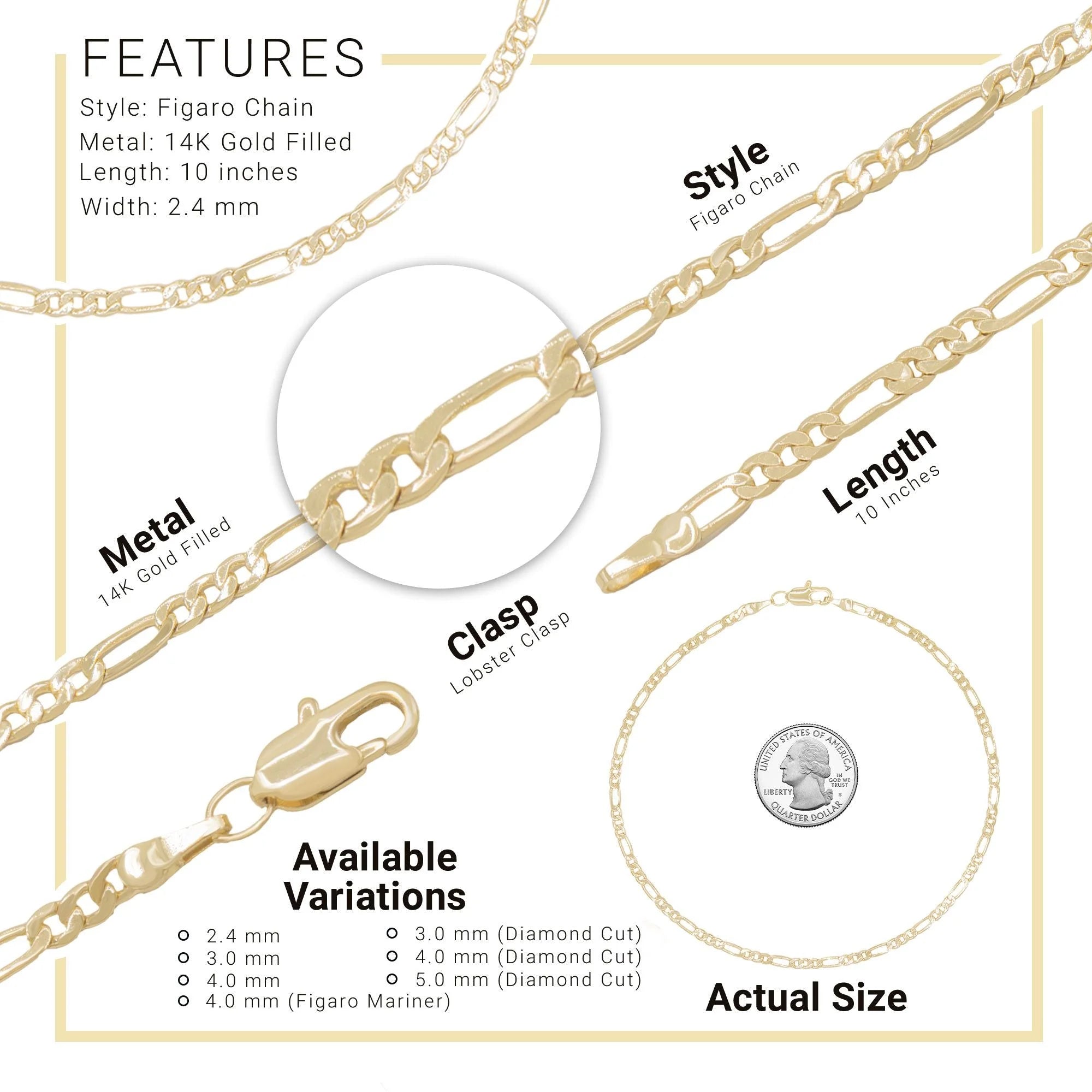 Figaro Chain Anklet 14K Gold Filled Ankle Bracelet 10" Foot Jewelry Women 2.4 Mm