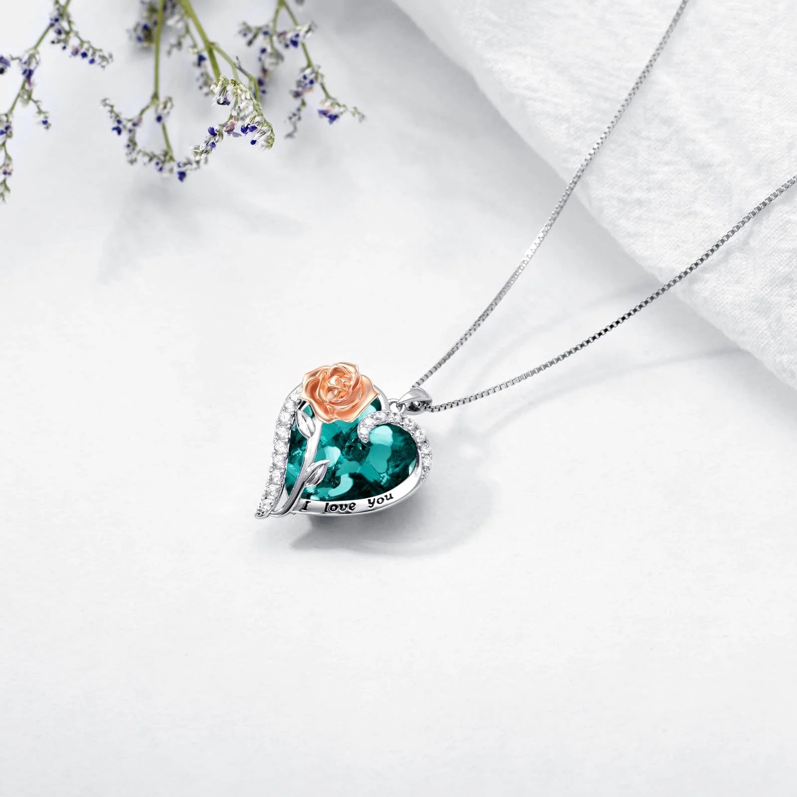 Sterling Silver Rose Flower Pendant Sapphire Necklace with Heart Crystal September Birthstone Pendant Jewelry