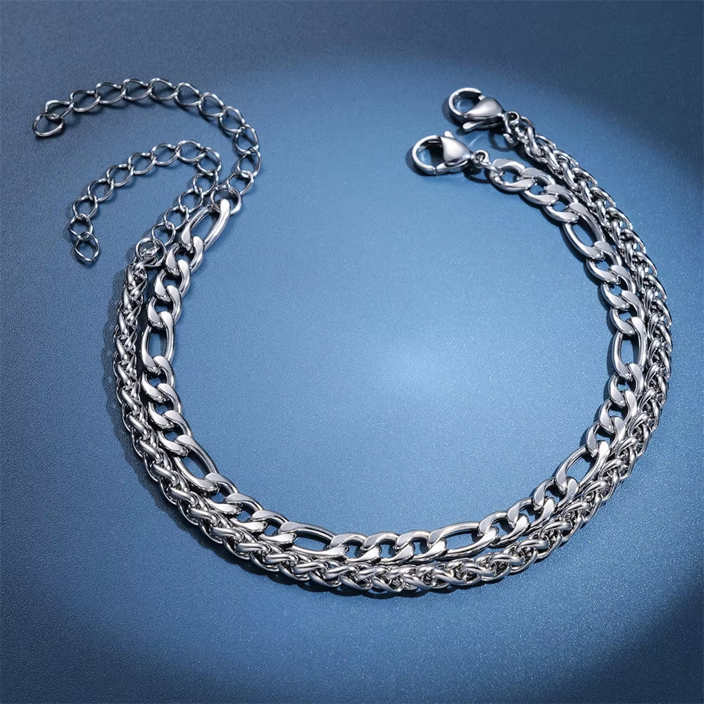 2Pcs Silver Color Stainless Steel Anklet Set for Women Men Metal Chain Daily Wear Ankle Bracelet on Foot Anklet Jewelry Accessor
