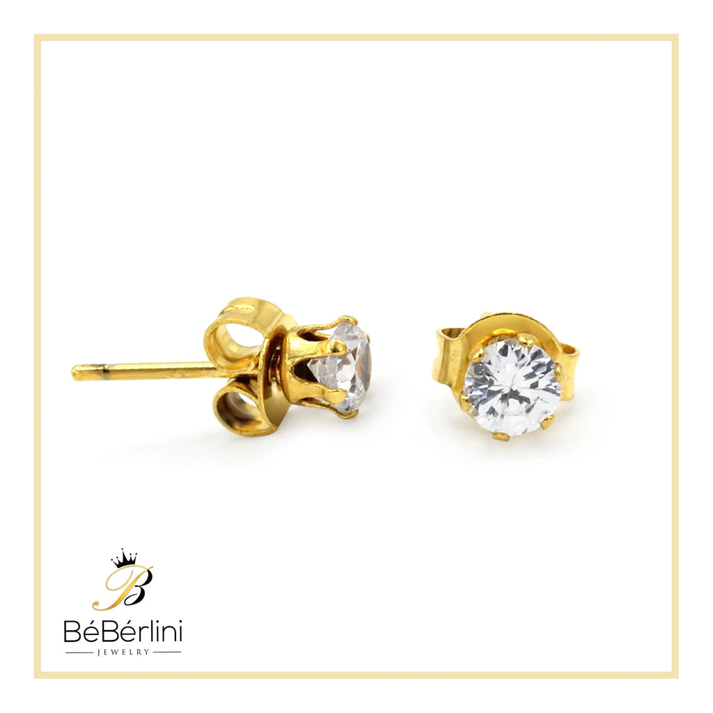 Women Stud Earrings CZ 14K Gold Plated Stainless Steel Jewelry round 4 Mm