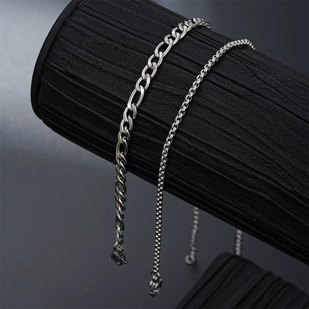 2Pcs Silver Color Stainless Steel Anklet Set for Women Men Metal Chain Daily Wear Ankle Bracelet on Foot Anklet Jewelry Accessor