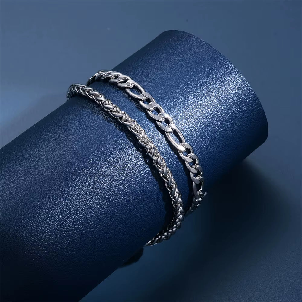 2Pcs Silver Color Stainless Steel Anklet Set for Women Men Metal Chain Daily Wear Ankle Bracelet on Foot Anklet Jewelry Accessor
