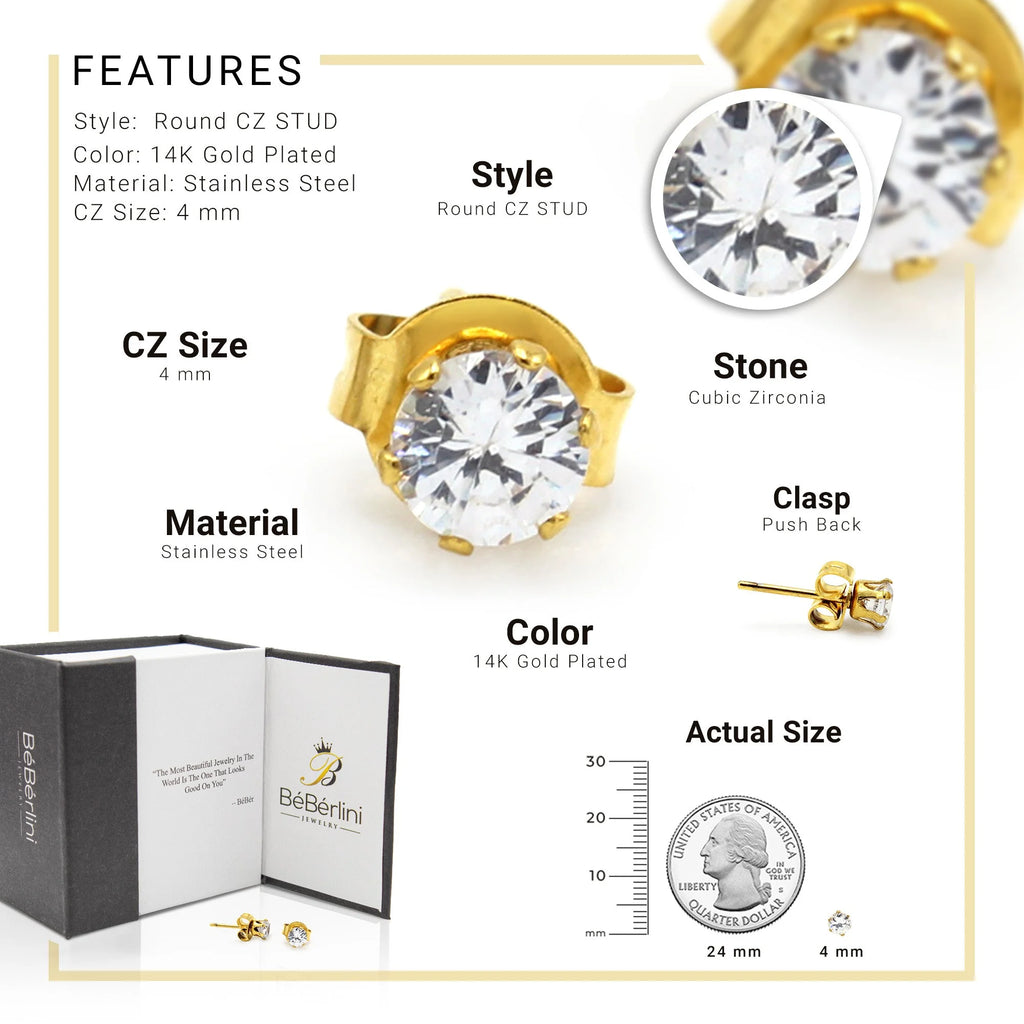 Women Stud Earrings CZ 14K Gold Plated Stainless Steel Jewelry round 4 Mm
