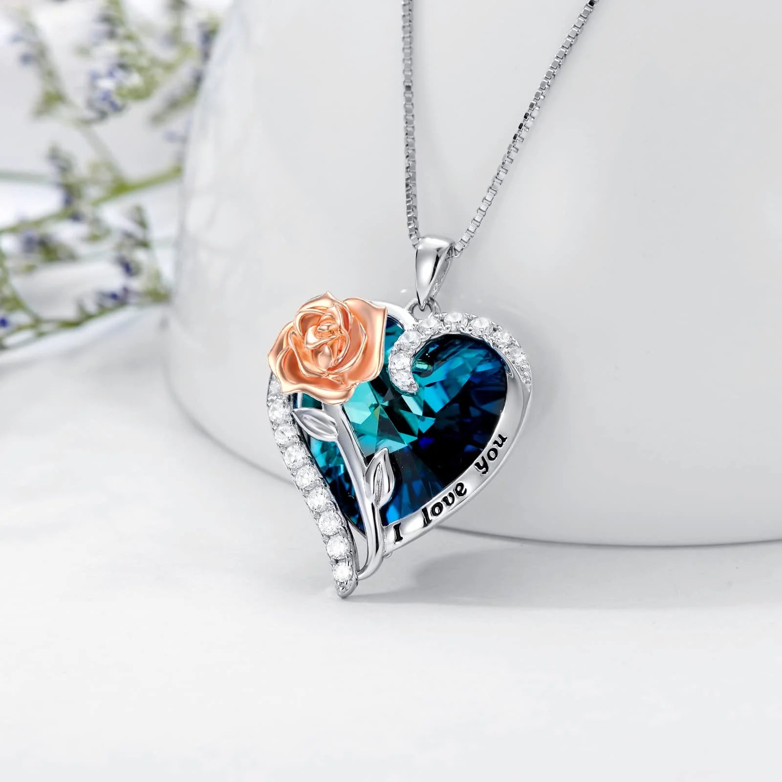 Sterling Silver Rose Flower Pendant Sapphire Necklace with Heart Crystal September Birthstone Pendant Jewelry