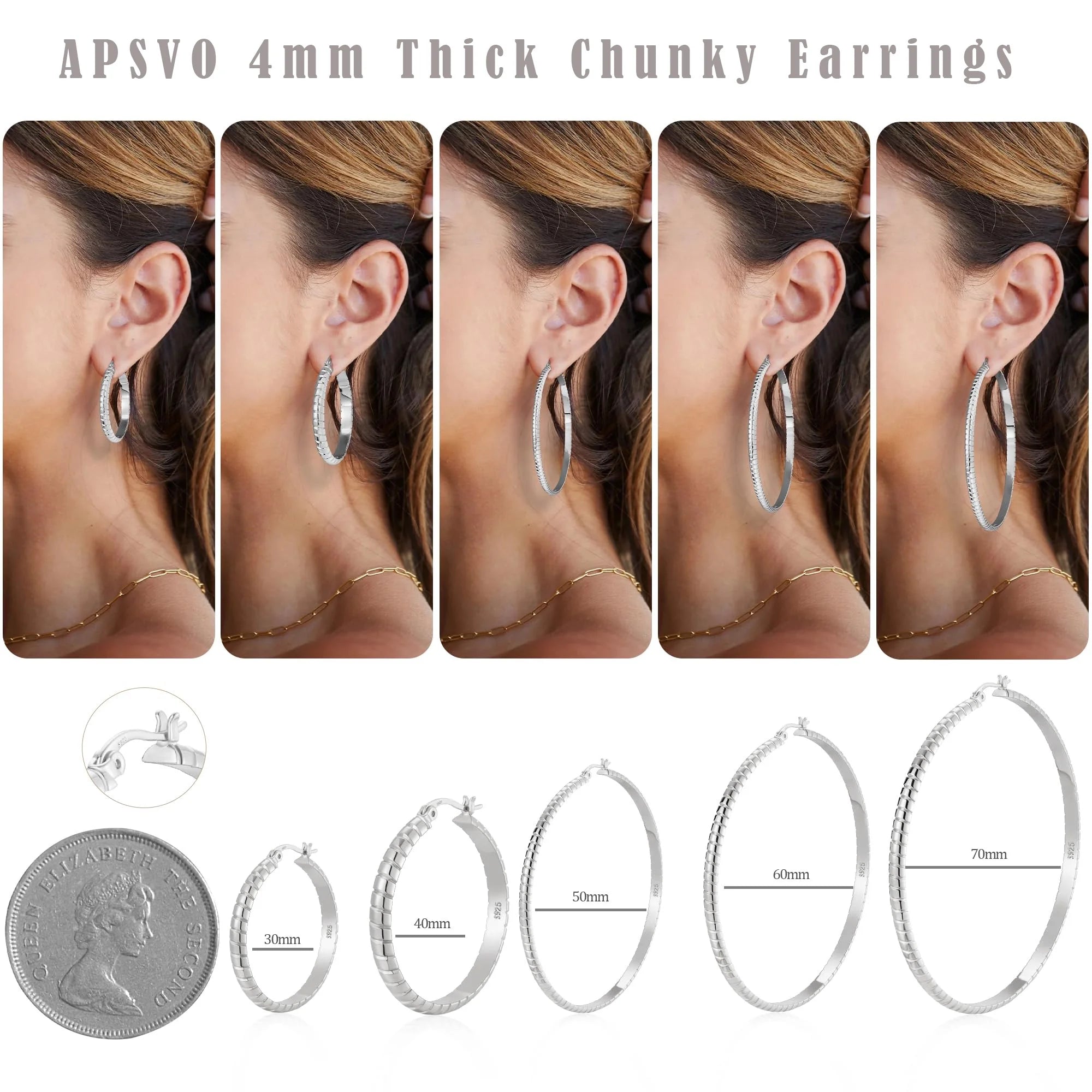 2 Pairs Big Large Extra Chunky White Gold S925 Sterling Silver Hoop Earrings for Women Hypoallergenic 4Mm Thick Silver Hoop Earrings Set 30/40MM Birthday Jewelry Gifts Ideas Mom Wife Girlfriend