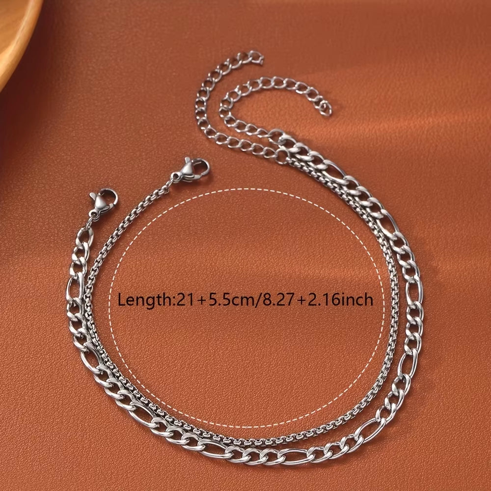 2Pcs Silver Color Stainless Steel Anklet Set for Women Men Metal Chain Daily Wear Ankle Bracelet on Foot Anklet Jewelry Accessor